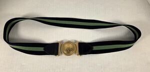 Talbots VTG Crest Buckle Elastic Stretch Belt Navy Green Stripe Medium Preppy